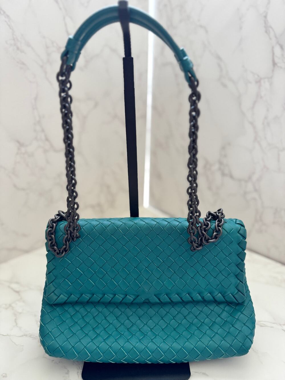 Bottega Veneta Intrecciato Olimpia Shoulder Bag in Teal Blue